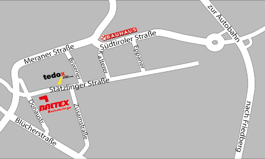 Anfahrtskarte am neuen Standort. Baltex Bodenbeläge in der Stätzlingerstraße 66, 86165 Augsburg. 